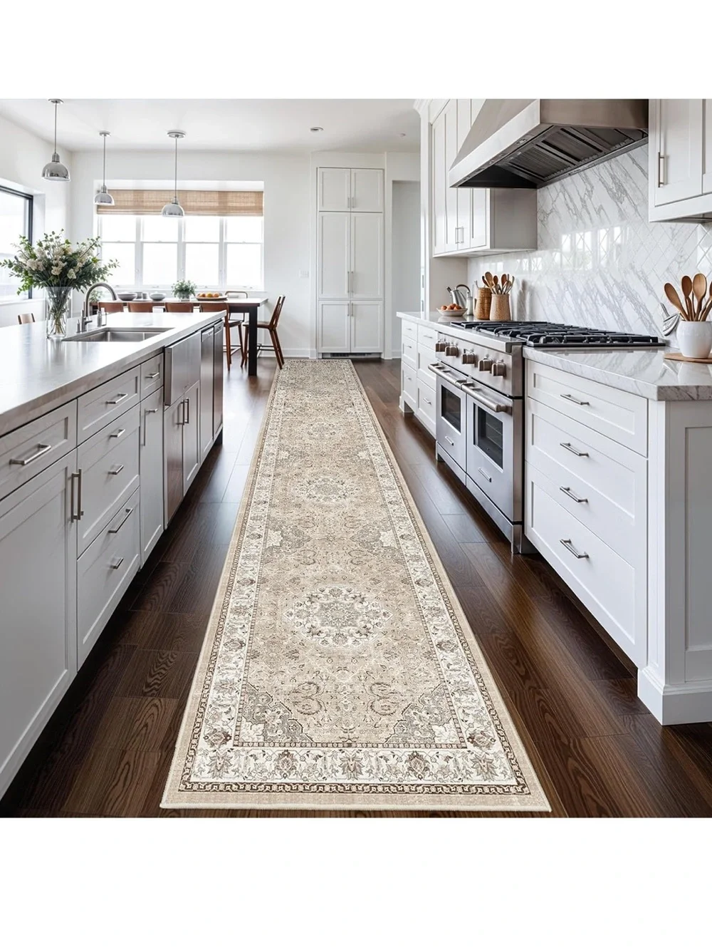 Washable Beige Traditional Runner Rug for Kitchen - Neutral Accent